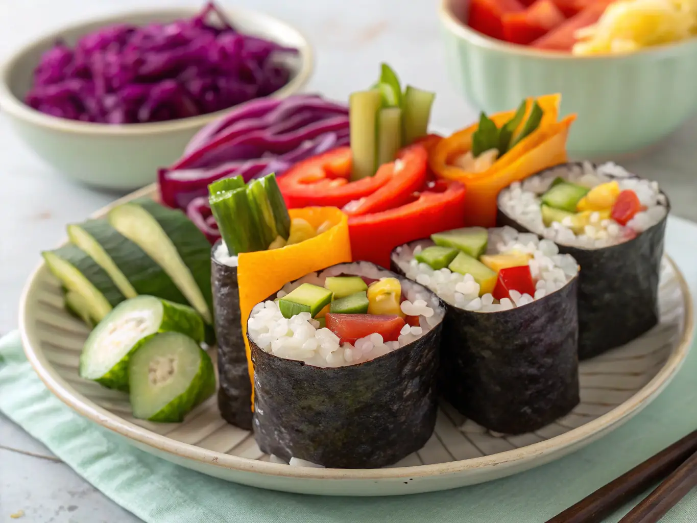 A close-up of a vegan California roll, featuring plant-based crab meat, avocado, and cucumber, wrapped in nori and sushi rice, and topped with sesame seeds. The image highlights the innovative use of plant-based ingredients to recreate a classic sushi roll.