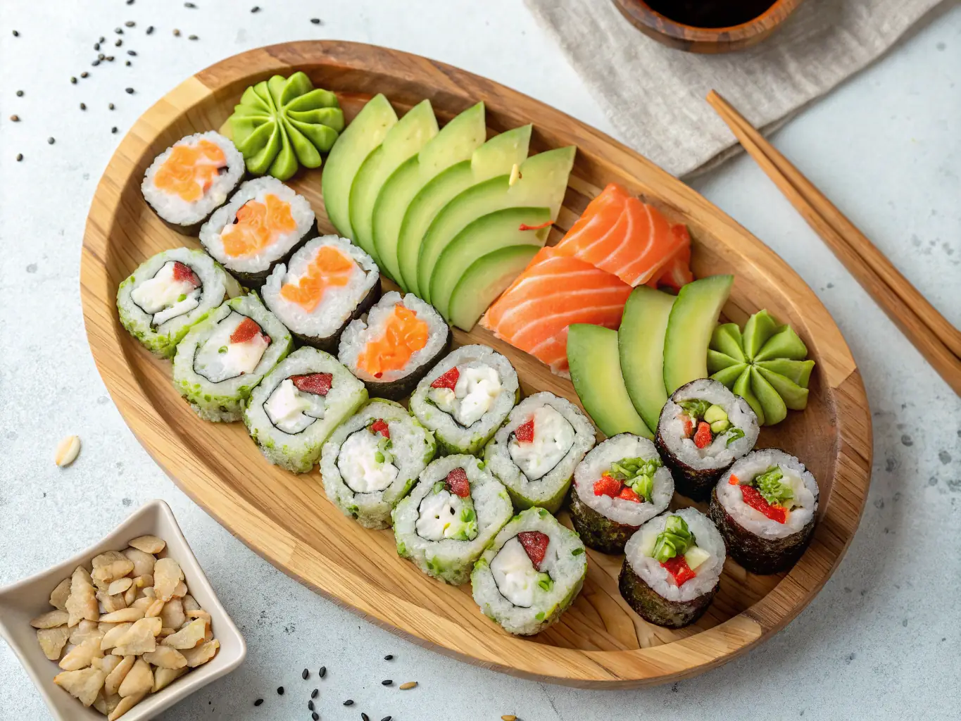 A colorful assortment of vegan sushi rolls, including avocado rolls, cucumber rolls, and vegetable tempura rolls, arranged artfully on a wooden serving platter. The image emphasizes the variety and visual appeal of the vegan sushi options.
