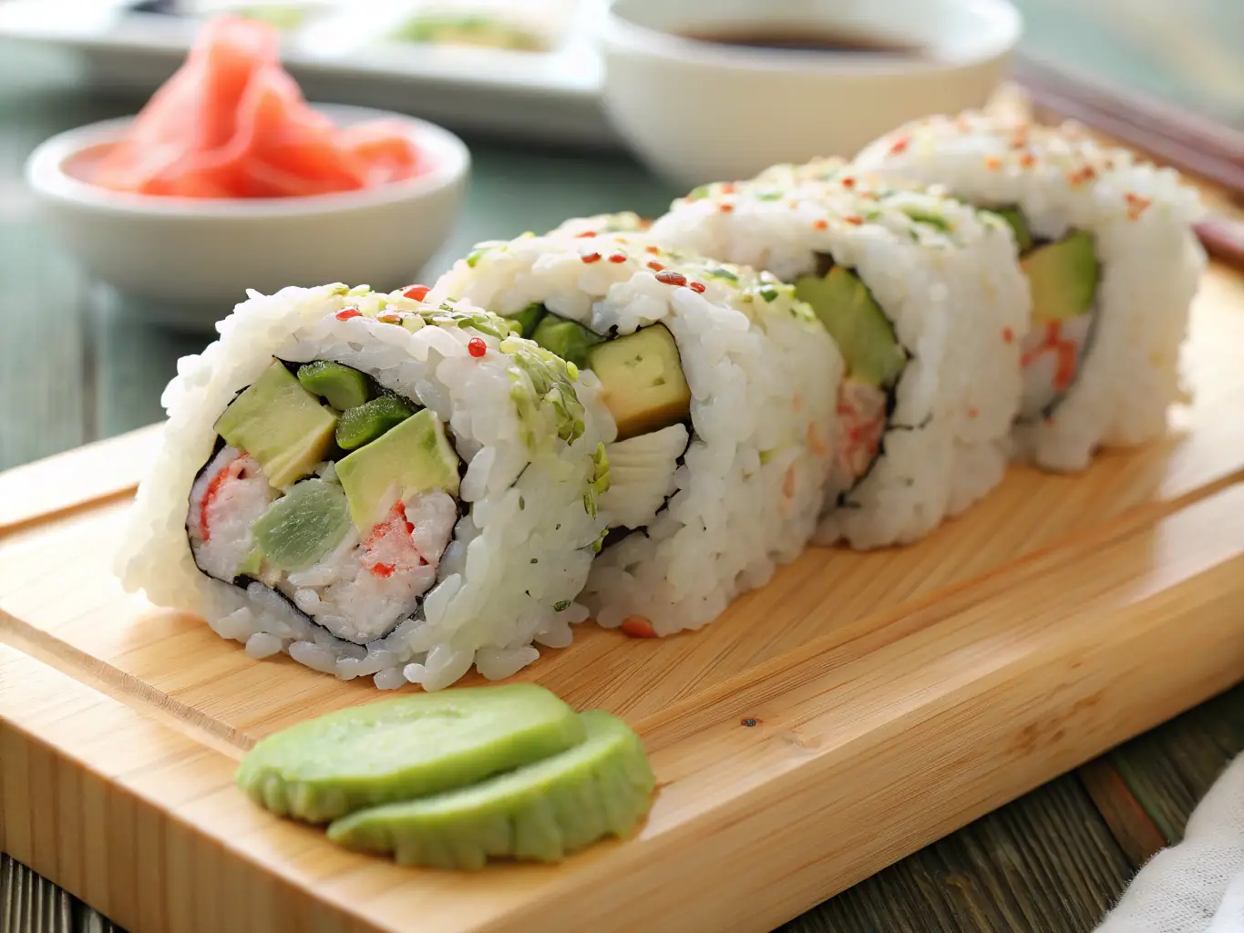 A close-up shot of a Veggie Maki roll, showcasing the vibrant colors of the fresh cucumber, avocado, carrot, and bell pepper filling, wrapped in nori and sushi rice. The image highlights the freshness and simplicity of the vegan ingredients.